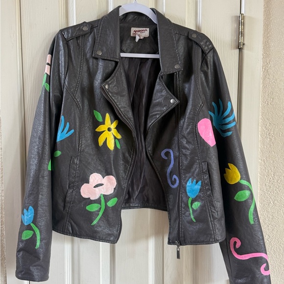 Arizona Jean Company Dark Gray Leather Jacket with Multicolor Floral Design - Picture 1 of 4